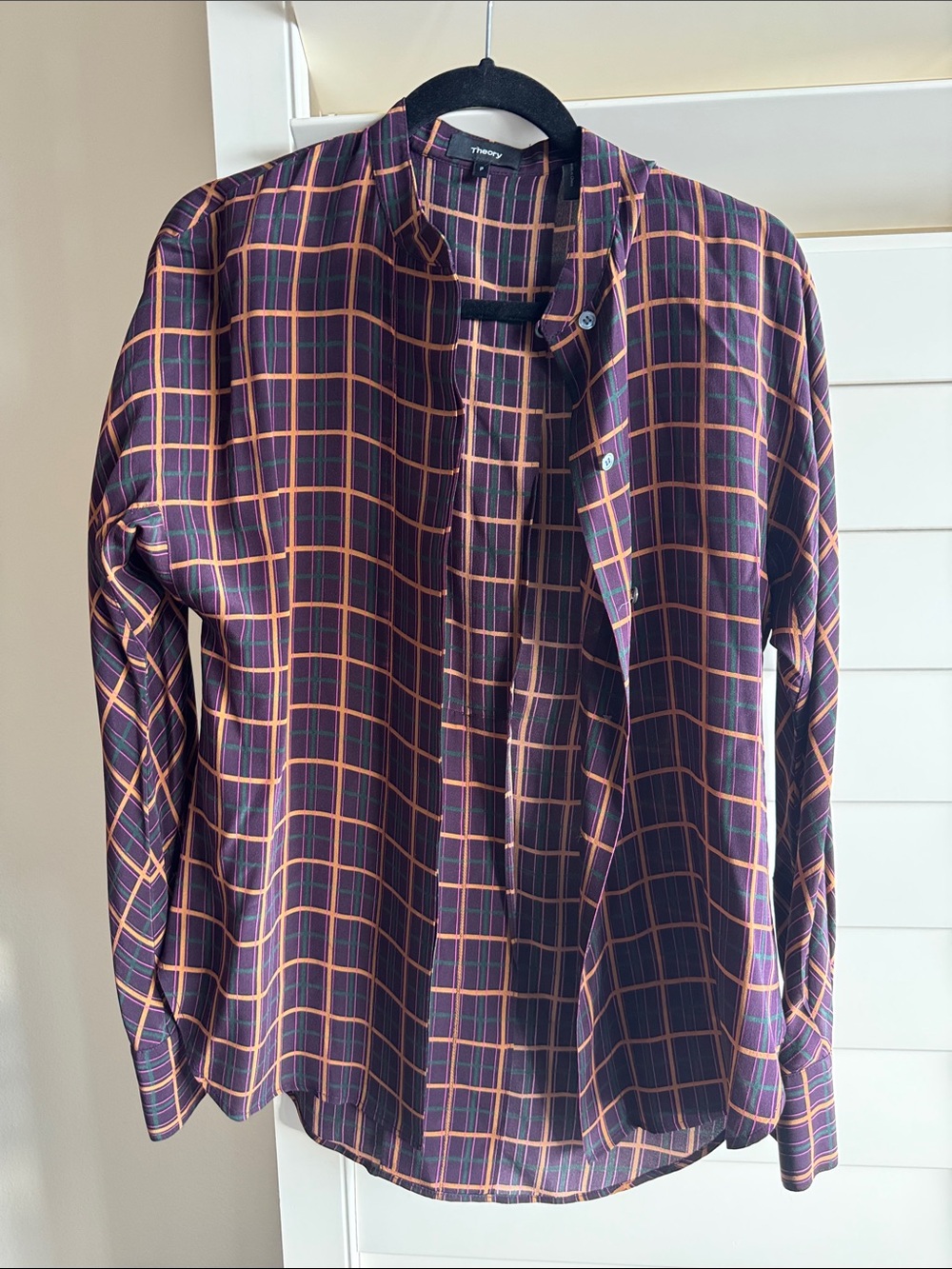 Theory Plaid 100% Silk Blouse in Burgundy, Orange & Navy! 🧡💜💚